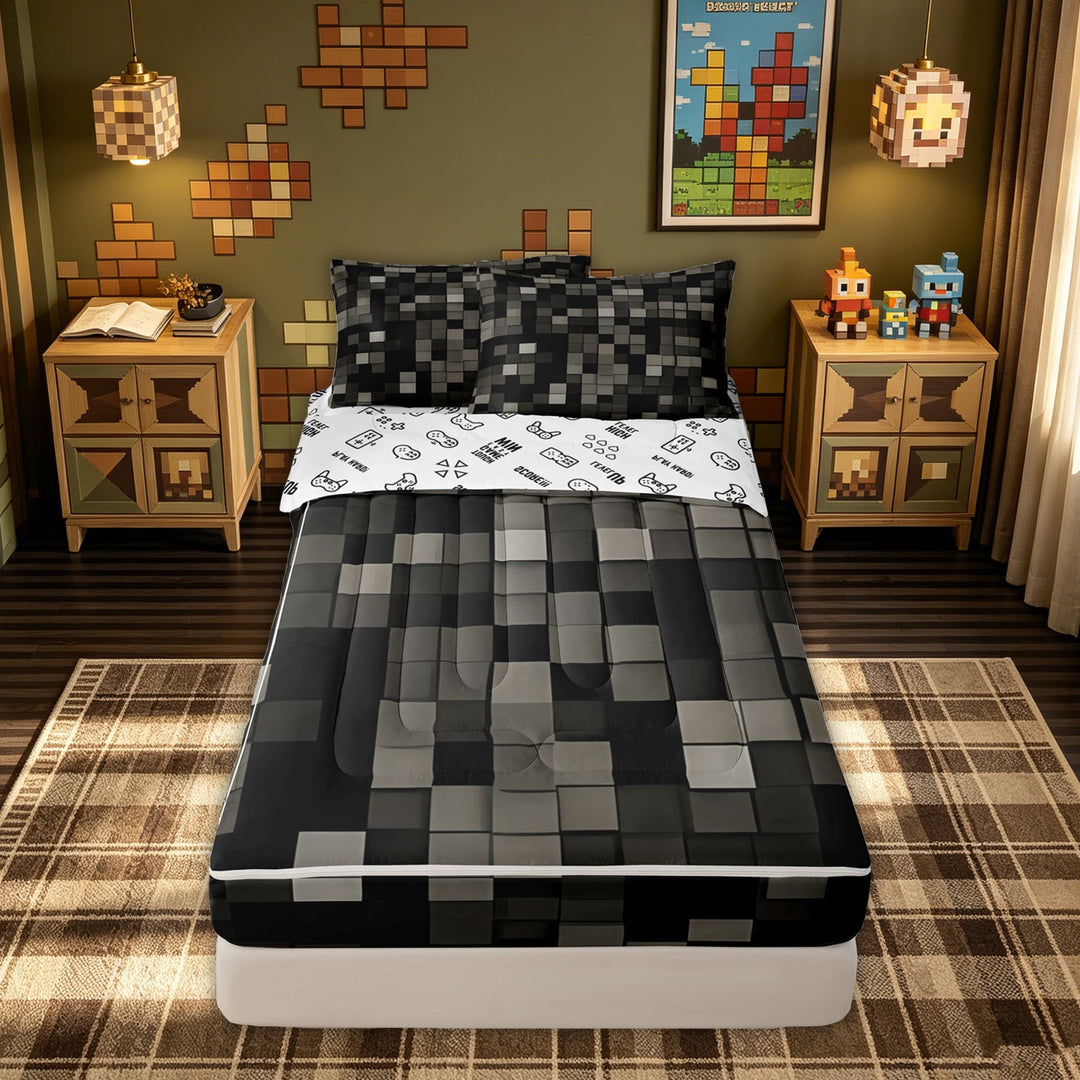 meiyoeat Geometric Block Zipper Full Size Comforter Sets with Fitted Sheet and 2 Pillowcases for Kids Girls, Retro Pixel Grid Zipper Bedding Set for Dorm, Black Gray, Gamepad ReversibleB