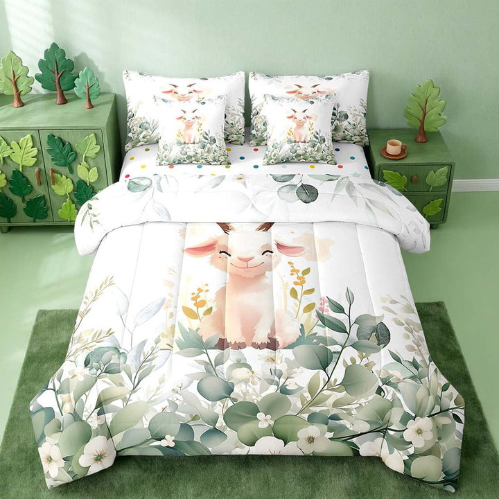 Erosebridal Kawaii Animal Twin Comforter Set 7 Pieces Cute Goat Sheep Bedding Comforter Sets, Cartoon Wildlife Bed in a Bag Green Leaf Bedding Set, Spring Bed Sheets Set Bedroom Decor