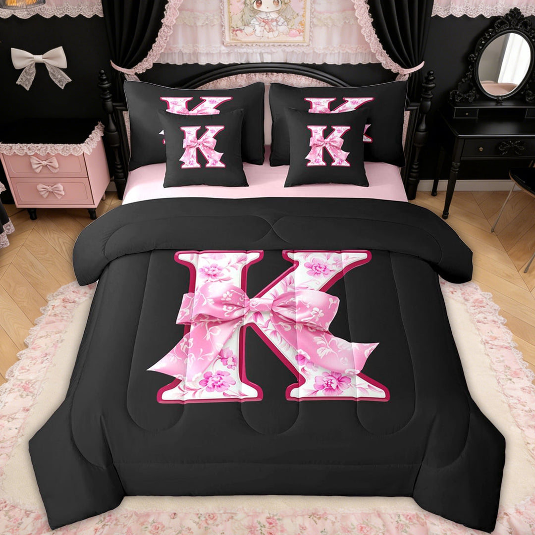 Erosebridal Pink Floral Letter K Bow Twin Bedding Sets for Girls Women, Princess Bowknot Bedding Comforter Set, Reversible, 7pcs