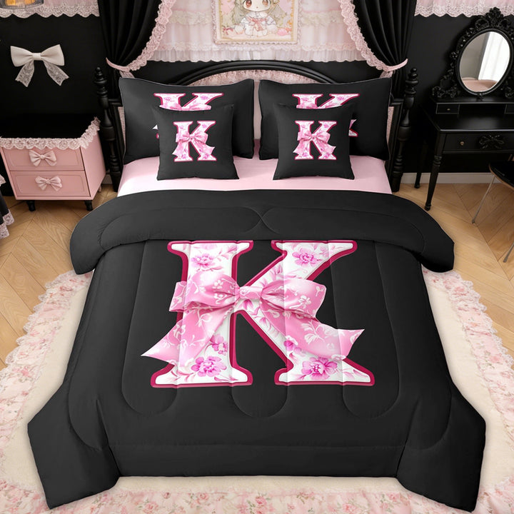 Erosebridal Pink Floral Letter K Bow Twin Bedding Sets for Girls Women, Princess Bowknot Bedding Comforter Set, Reversible, 7pcs