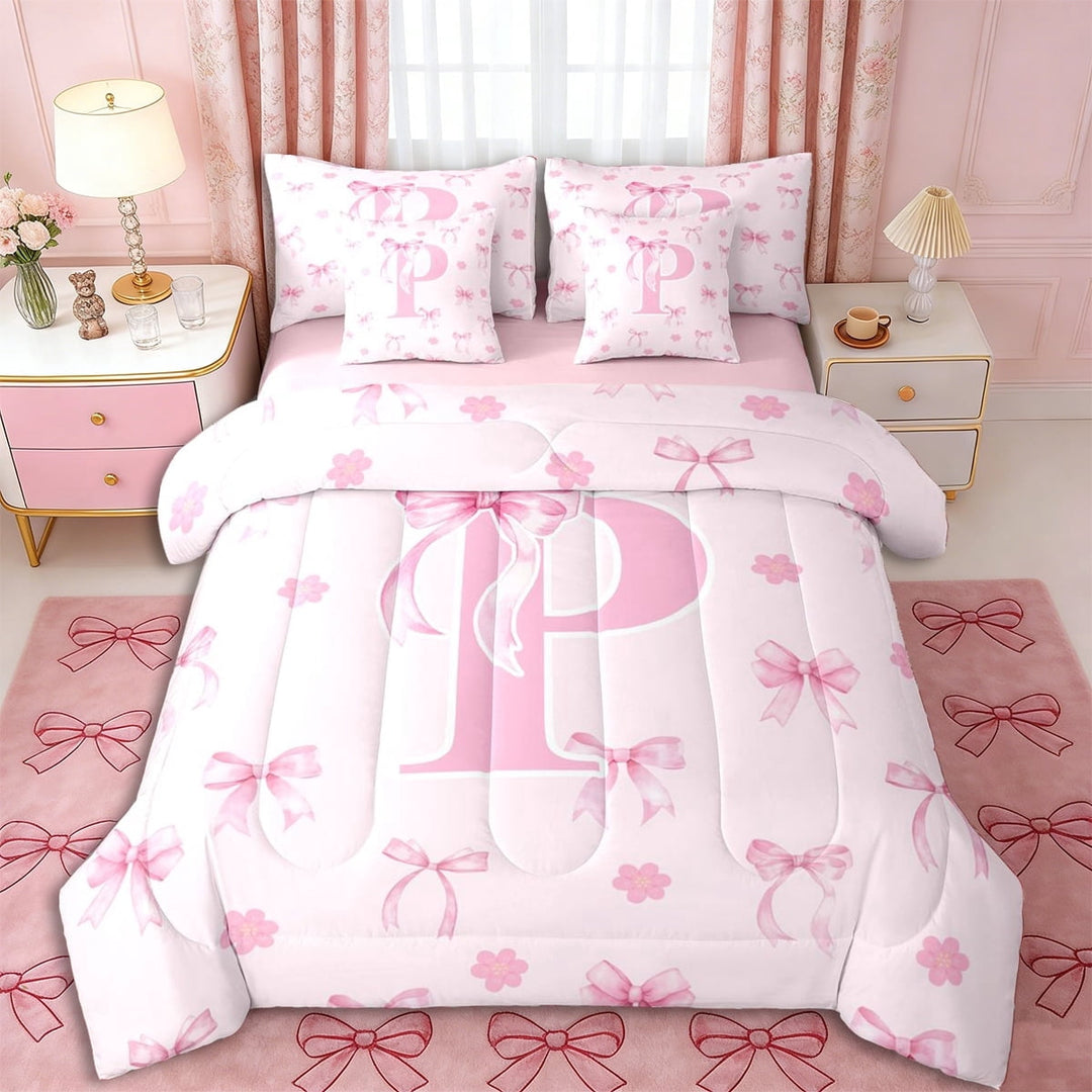 Erosebridal Kawaii Bowtie Letter P Monogrammed Twin Bedding Sets 7-Piece,Pink Flowers Sakura Bow Bedding Comforter Set,Pink Reversible,Super Cozy Room Decor