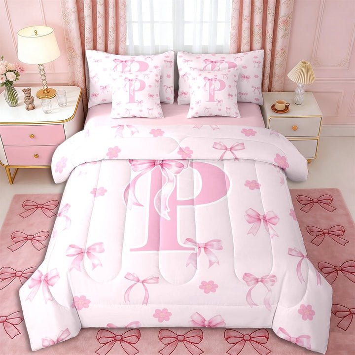 Erosebridal Kawaii Bowtie Letter P Monogrammed Twin Bedding Sets 7-Piece,Pink Flowers Sakura Bow Bedding Comforter Set,Pink Reversible,Super Cozy Room Decor