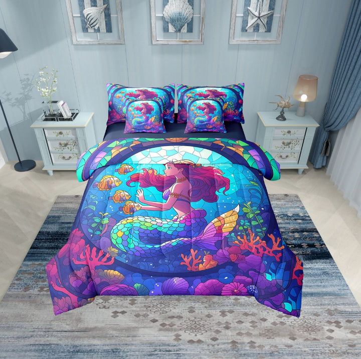 Erosebridal Mermaid Princess Bed in a Bag Twin size, Underwater World Bed Set, Ocean Coral Reversible Bedding Twin Size, Ultra Soft Room Decor, 7pcs
