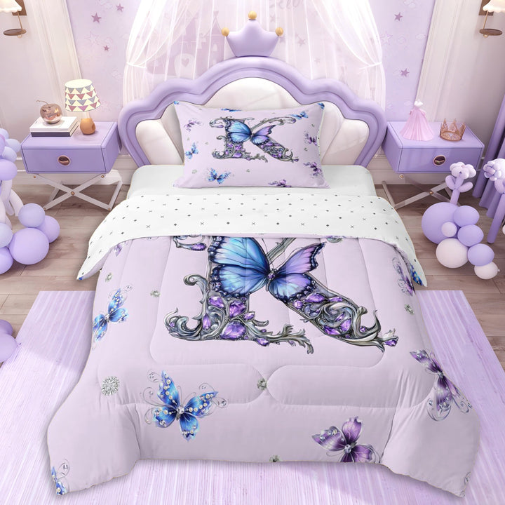 Erosebridal Letter K Monogrammed Vintage Flowers Twin Comforter Sets 3-Piece For Kids Girls,Teens Princess Elegant Flying Butterflies Bedding Set,Breathable Home Decor