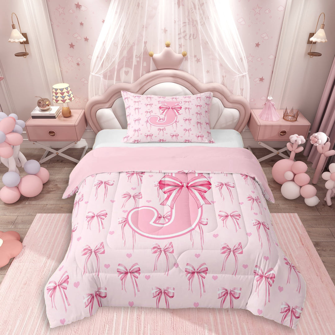 Erosebridal Kawaii Pink Ribbon Bowknot Girl Twin Comforter Sets 3-Piece,Teens Kids Love Heart Letter Monogrammed J Bedding Set,Pink Reversible