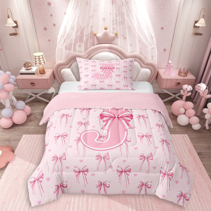 Erosebridal Kawaii Pink Ribbon Bowknot Girl Twin Comforter Sets 3-Piece,Teens Kids Love Heart Letter Monogrammed J Bedding Set,Pink Reversible
