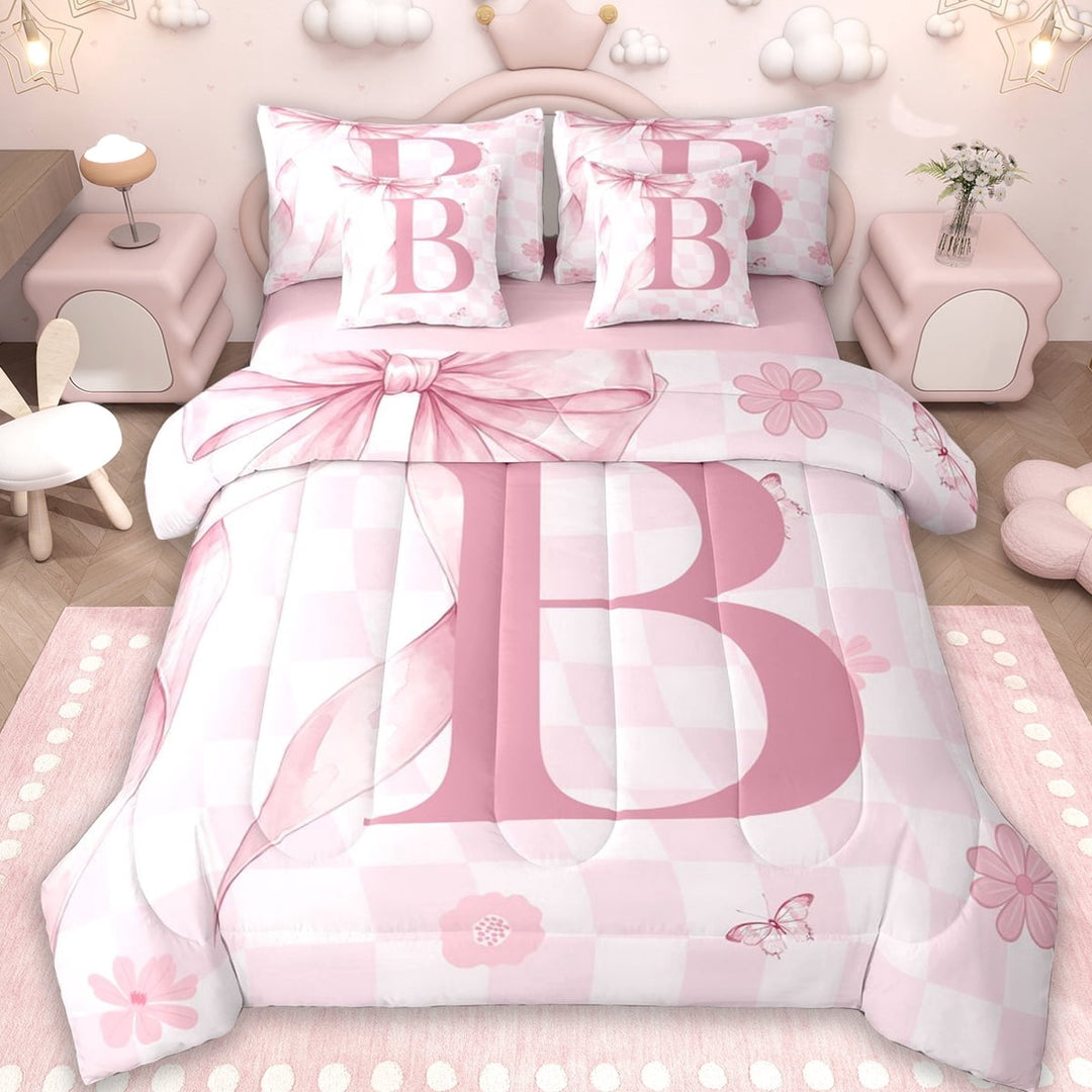 Erosebridal Initial Alphabet B Kids 7-Piece Twin Bedding Sets,Pink Floral Flowers Bedding Comforter Set For Bowtie Girls,Reversible pink