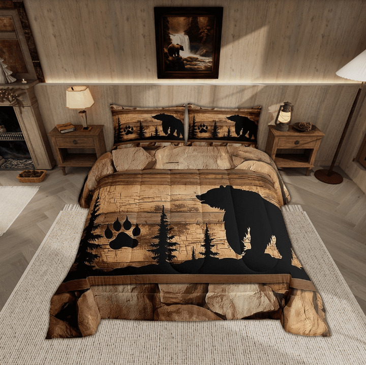 Black Bear Bedding Set Vintage Brown Wood Board Quilt,Animal Paw Print Pine Trees Comforter Set Queen Woodland Wildlife Patchwork Duvet Insert,Lodge Cabin Farmhouse Rustic Home Decor