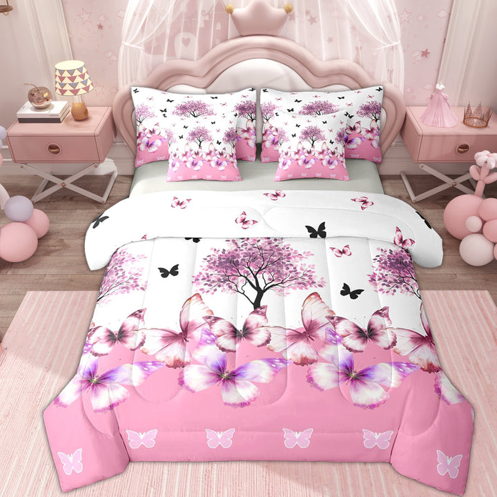 Erosebridal Kid Dreamy Butterfly Twin Bedding Sets 7-Piece, Pink Flower Tree Bedding Comforter Set