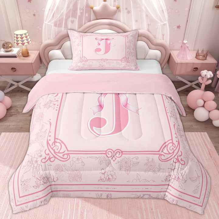 Erosebridal Initial Letter J Twin Comforter Sets, Cartoon Bowknot Flower Bedding Set, Pink Reversible, 2 Pieces