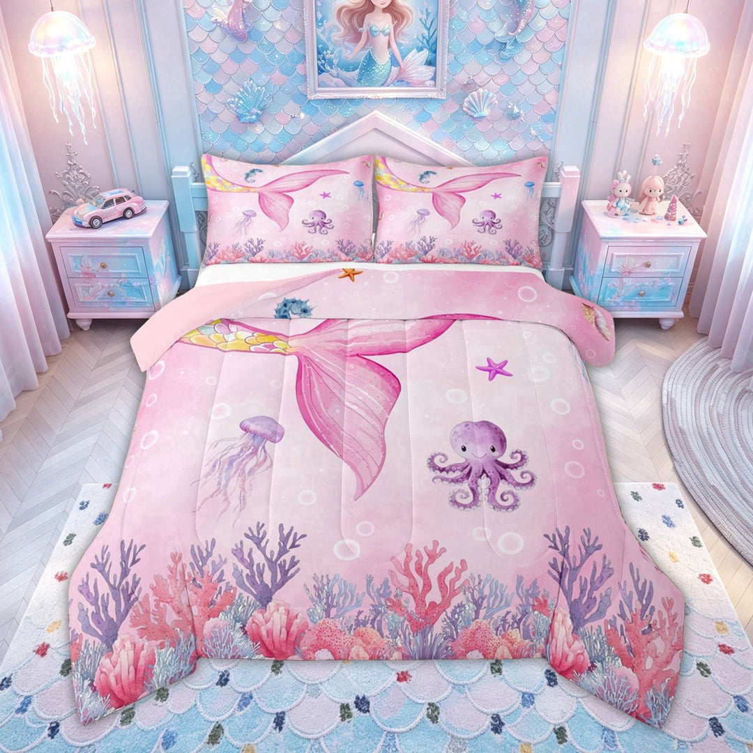 meiyoeat Watercolor Pink Mermaid Tail Ocean Full Size Comforter Sets for Girls, Jellyfish Coral Fairy Marine Bedding Comforter Set, Pink, Pink Reversible, 3 Pieces, 1 Comforter and 2 Pillowcases