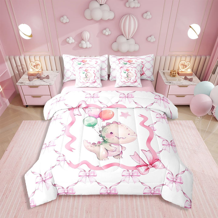 Erosebridal Pink Bowknot Comforter Set Twin Size,Girly Bow Knot Bedding Set Teens,Cute Animal (Comforter+Fitted+Flat Sheet+2 Pillowcases+2 Throw Pillow Covers) 7 Pieces Bed Set