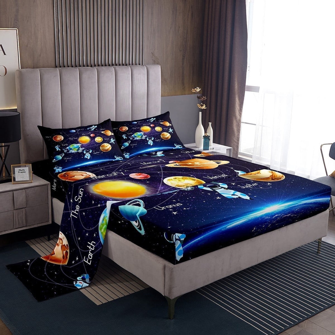 Outer Space Full Bed Sheets Set Planet Fitted Sheet, Solar System Sheet Set Teens Blue Galaxy Starry Sky Astronaut Print Flat Sheet Universe Themed Bedding Set 4 Pcs