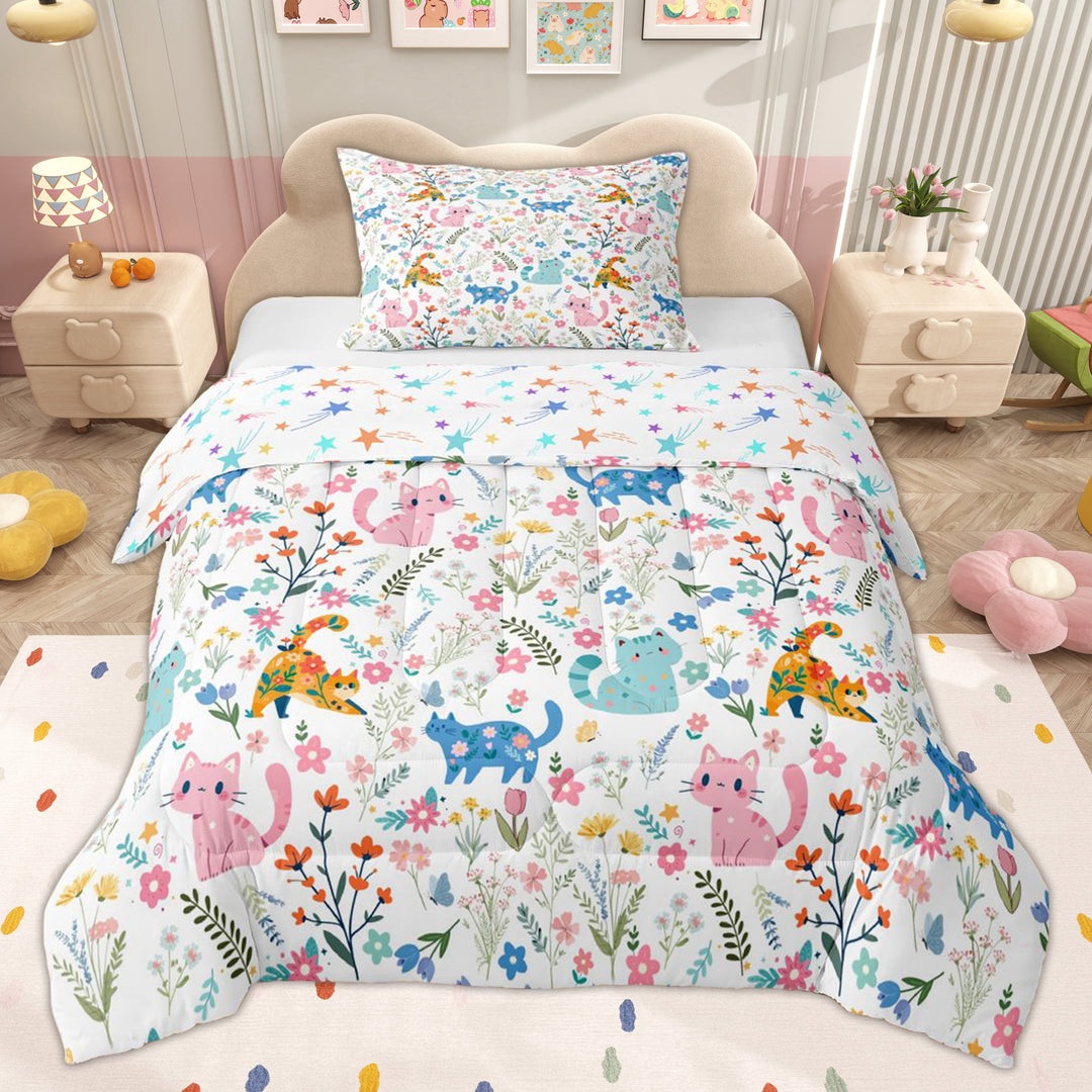 Erosebridal Cartoon Cat Kitten Twin Comforter Sets for Kid, Flower Floral Bedding Set, 2-Piece