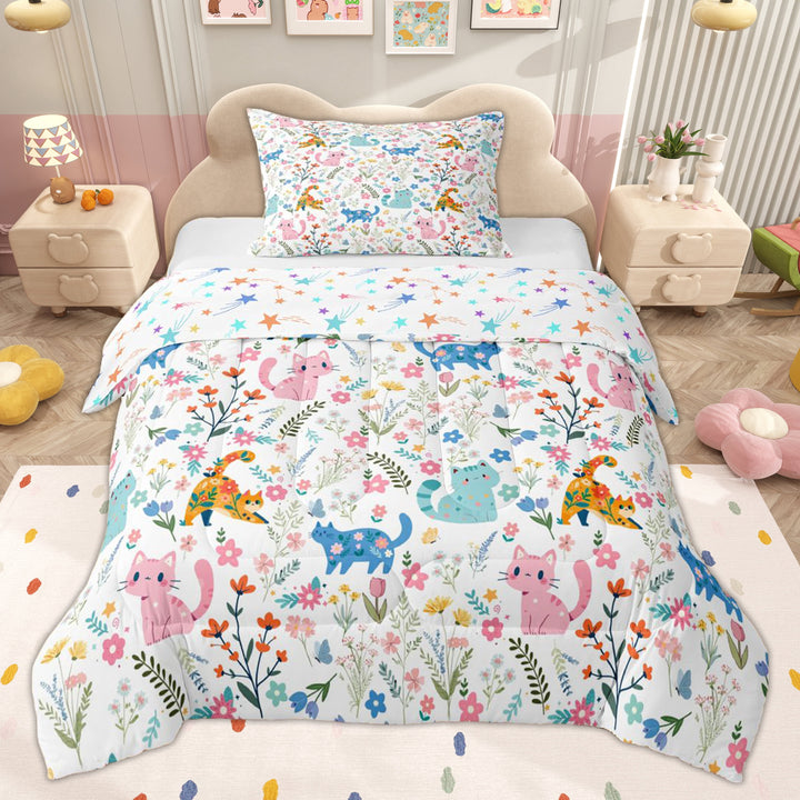 Erosebridal Cartoon Cat Kitten Twin Comforter Sets for Kid, Flower Floral Bedding Set, 2-Piece