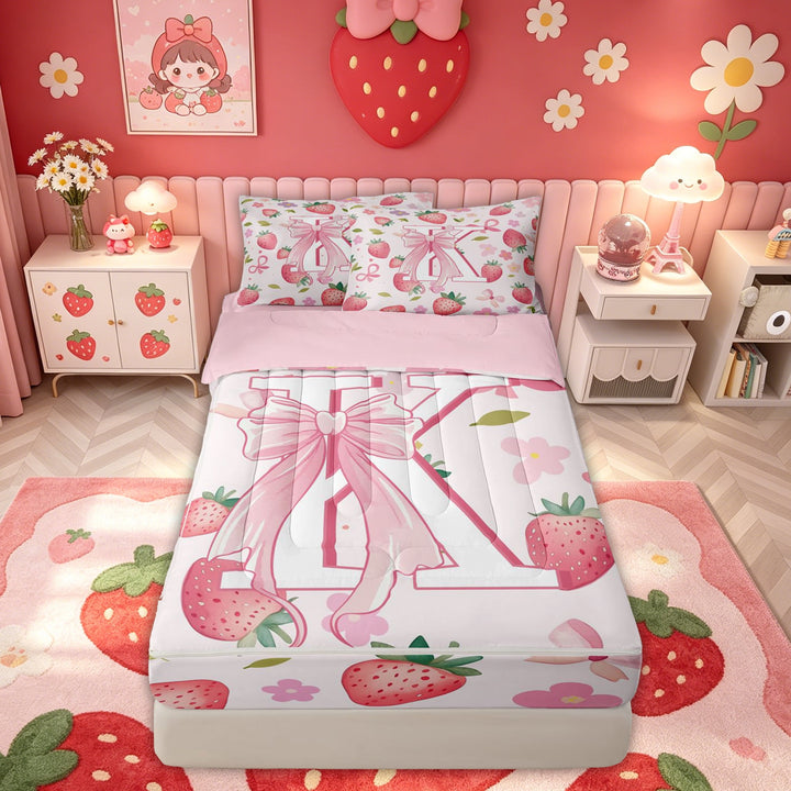 meiyoeat Princess Bow Letter K Zipper Comforter Set with Fitted Sheet and 2 Pillowcases for Girls, Flower Strawberry Zipper Bedding Set, Pink, Pink Reversible, 3pcs