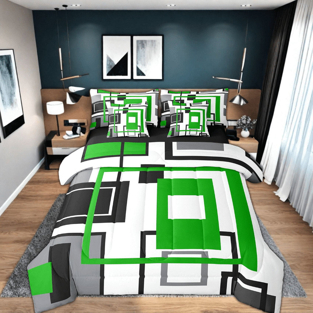 Erosebridal Geometric Grids Full Size Bedding Set 7 Piece Black White Lime Green Grey Bed In A Bag Abstract Geometry Square Stripes Comforter Set Teen Soft Lightweight Bed Set