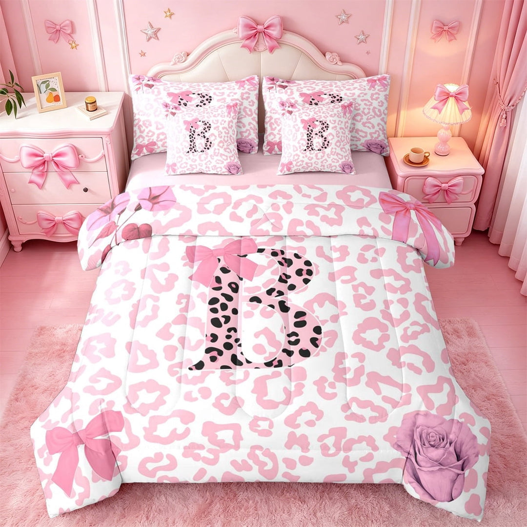 Erosebridal Cute Coquette Bow 7-Piece Twin Bedding Sets For Kids,Cheetah Print Letter B Monogram Bedding Comforter Set,Pink Reversible