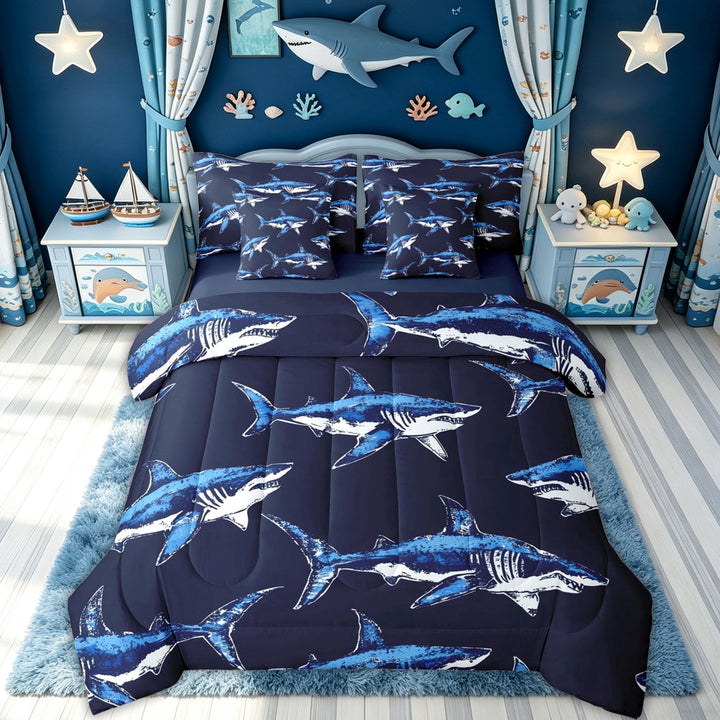 meiyoeat Vintage Blue Shark Full Size Bedding Sets for Boys Men Kids, Ocean Marine Wildlife Full Size Bed in a Bag, Navy, Blue Reversible, 7 Pieces