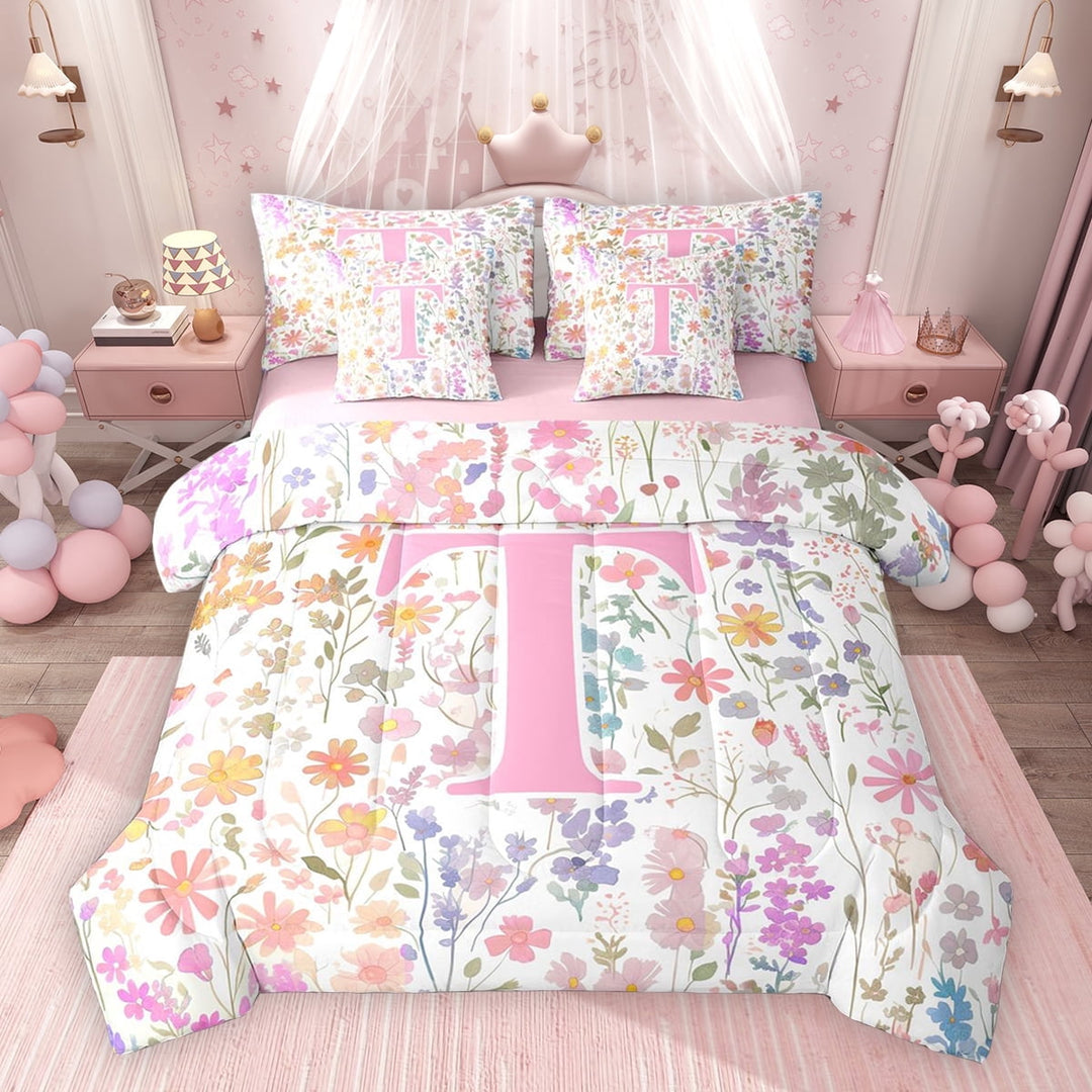 Erosebridal Erosebridal Girls Pink Floral Twin Bedding Sets, Garden Flower Bedding Comforter Set, Monogrammed T, Pink Reversible, 7 Pieces