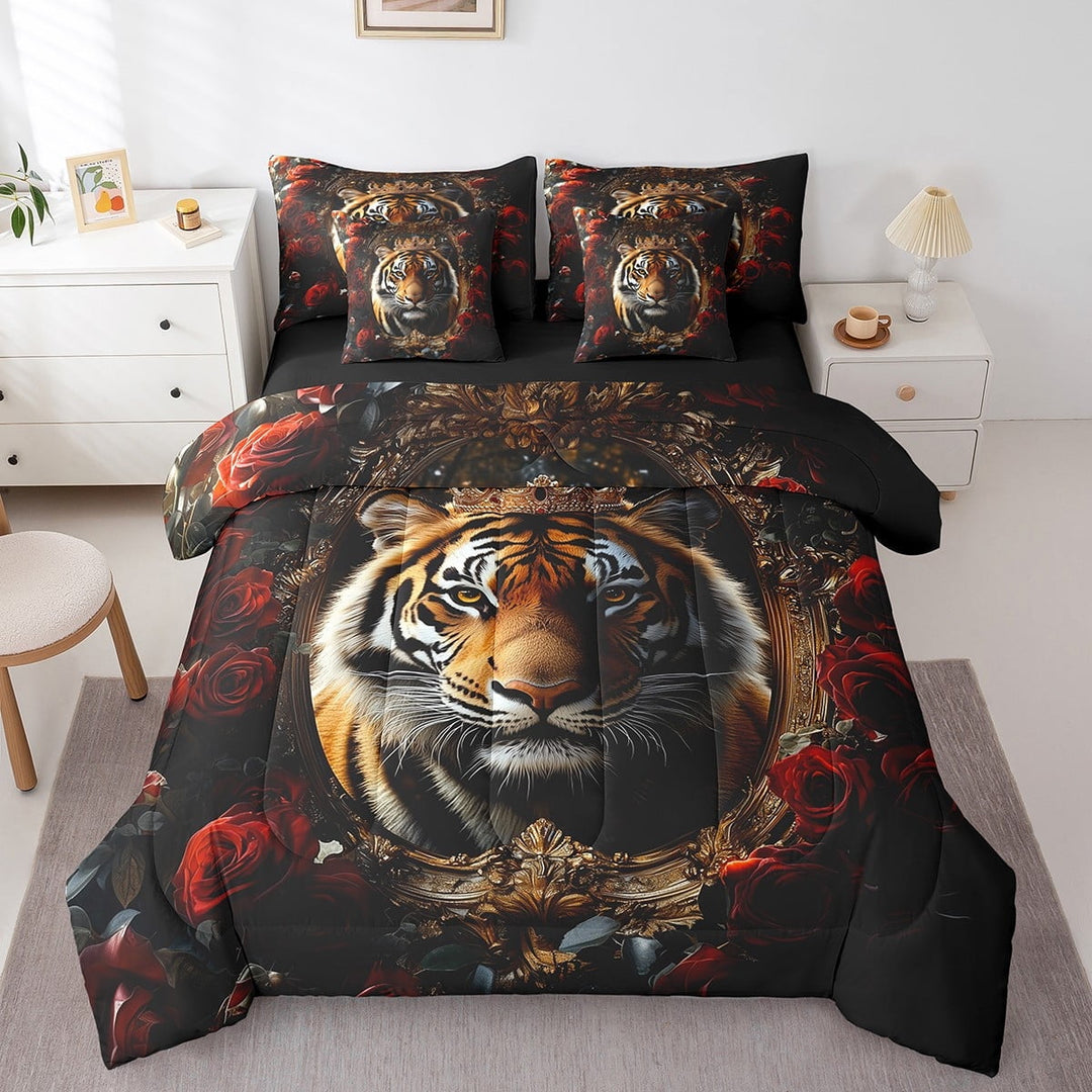 Erosebridal Safari Tiger Bed in a Bag Queen size, Romantic Rose Bed Set, Animal Themed Decor, Reversible 7pcs