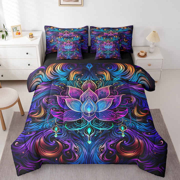 Erosebridal Lotus Bedding Comforter Sets Bohemian Theme Bed in a Bag Purple Gradient Bedding Queen Size 7pcs Tribal Paisley Comforter Set Flower Bedding Accessories Navy Blue Floral Decor