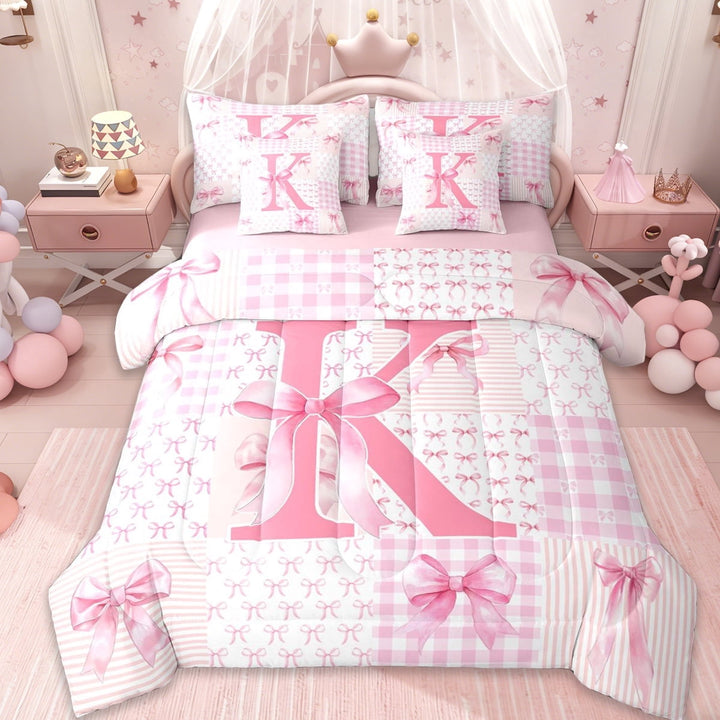 Erosebridal Pink Princess Bowknot 7-Piece Twin Bedding Sets,First Letter K Bedding Comforter Set For Girly,Pink Reversible