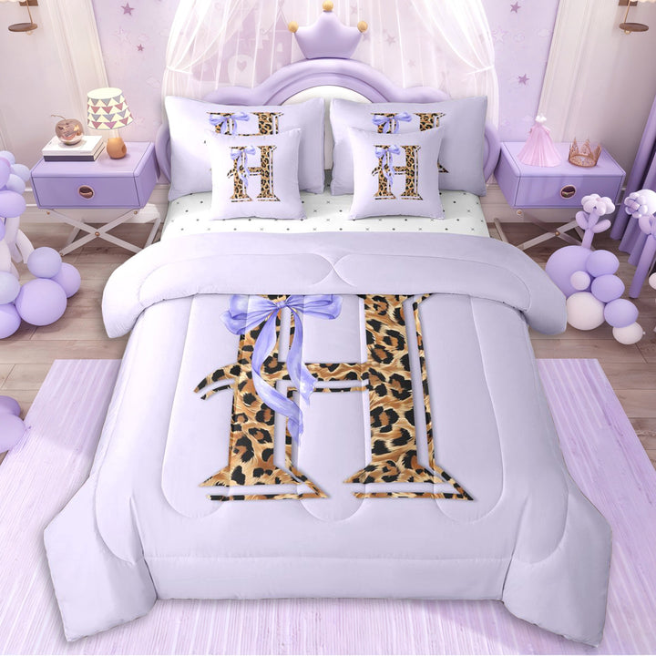 Erosebridal Purple Bowknot Letter Monogrammed H Twin Bedding Sets 7-Piece For Girls,Teens Animal Leopard Print Bedding Comforter Set,Breathable Home Decor