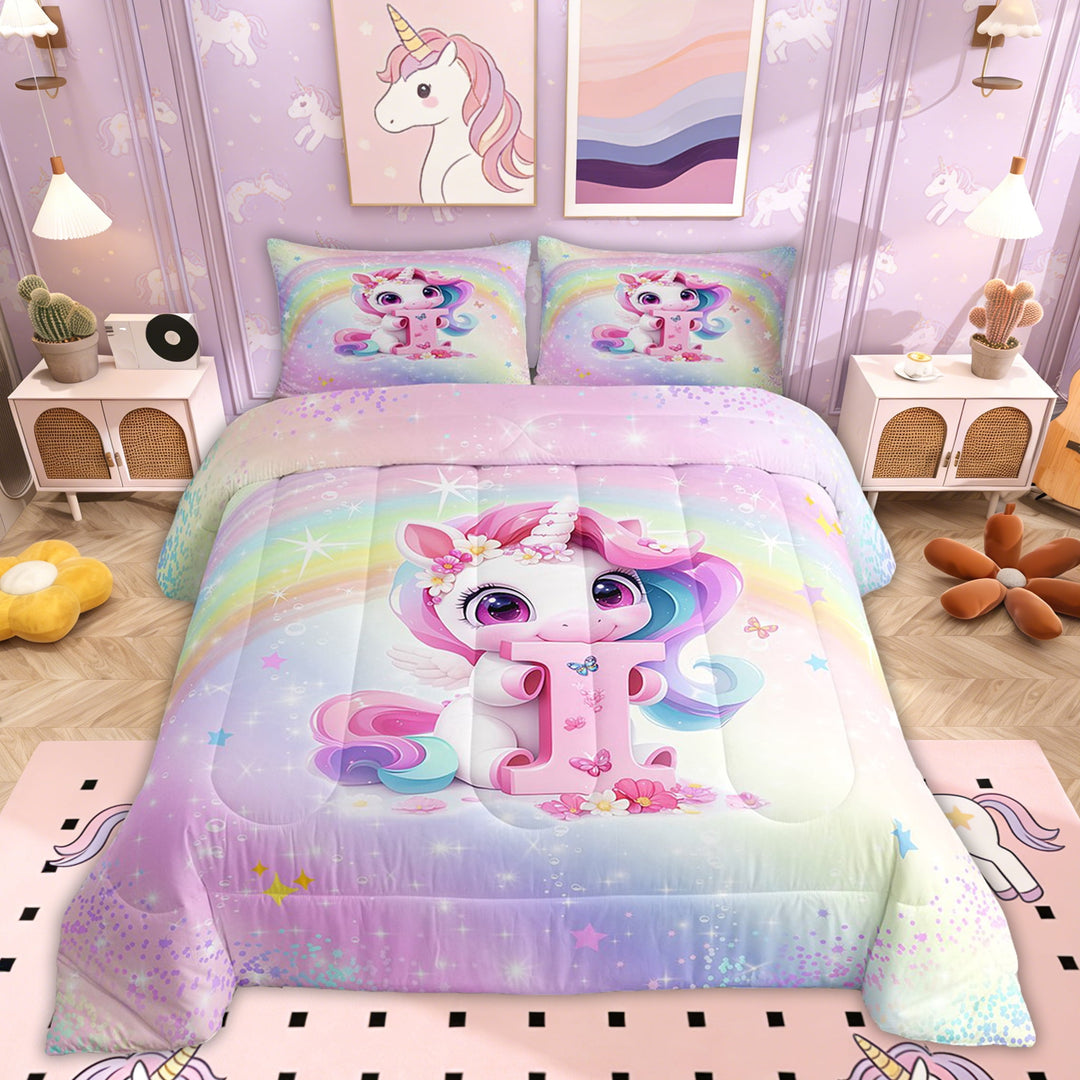 Erosebridal Initial I Letter Bedding Sets Twin with Comforter, Cute Unicorn Duvet Insert, Dreamy Rainbow Decor, Reversible 2pcs