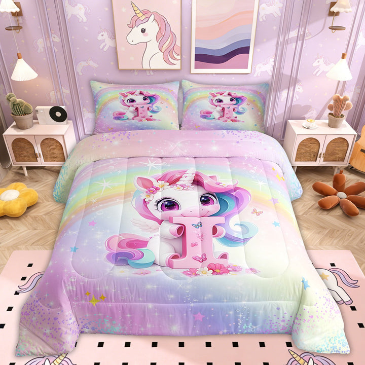 Erosebridal Initial I Letter Bedding Sets Twin with Comforter, Cute Unicorn Duvet Insert, Dreamy Rainbow Decor, Reversible 2pcs