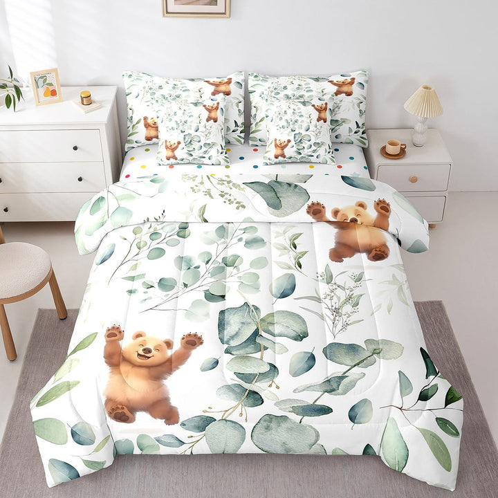 Erosebridal Kawaii Animal Twin Comforter Set 7 Pieces Cute Bear Bedding Comforter Sets, Cartoon Wildlife Bed in a Bag Green Leaf Bedding Set, Spring Garden Bed Sheets Set Bedroom Decor