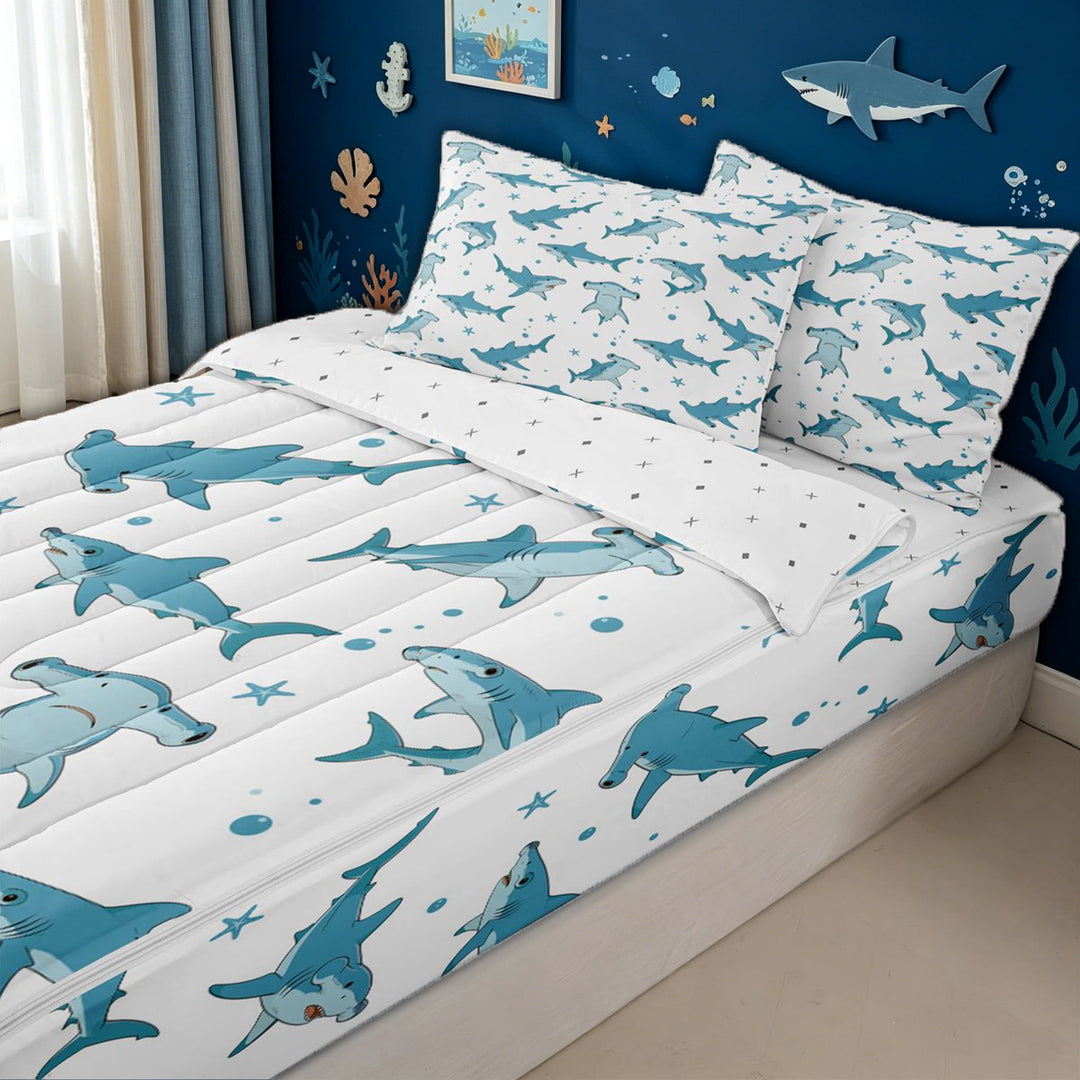 meiyoeat Hammerhead Shark Zipper Full Size Comforter Sets with Fitted Sheet and 2 Pillowcases for Kids Boys, Bubbles Starfish Zipper Bedding Set for Bedroom, White Blue, ReversibleB