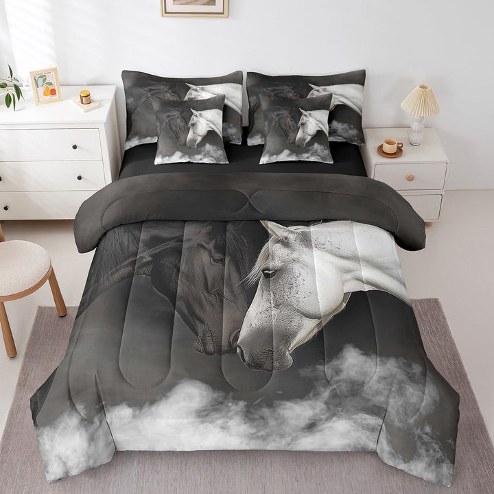 Black and White Bed in a Bag 7 Pieces Horse Couple Bedding Set , Wild Animal Theme Queen Size Comforter Set Valentine&