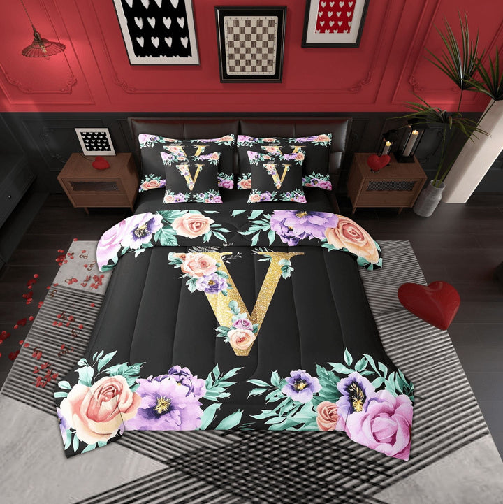 Erosebridal Gold V Bedding Sets, Initial Letter Comforter Sets with Sheets, Colorful Rose Reversible Bed Sheets Set, Breathable Room Decor, 7-Piece
