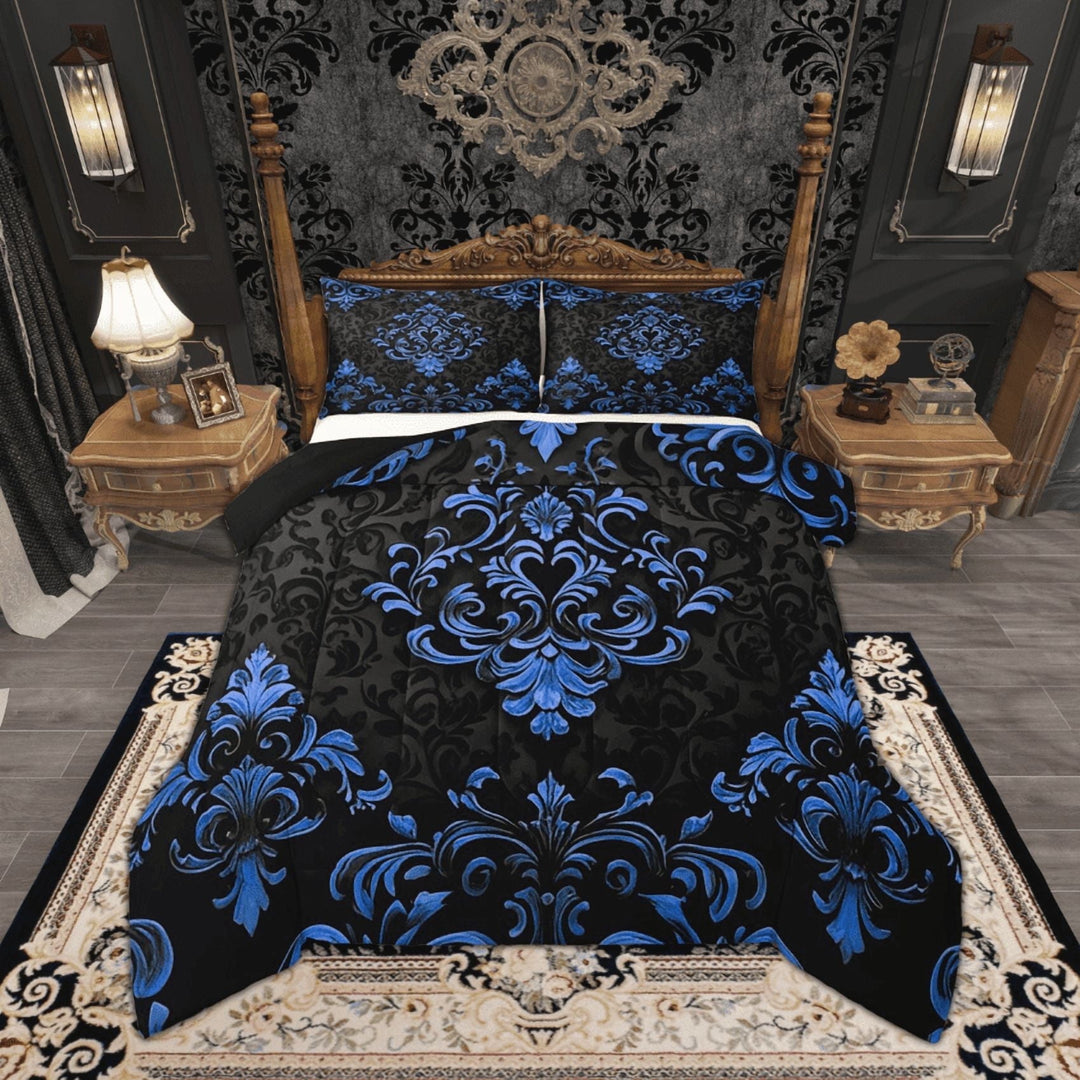 Manfei Blue Baroque Damask Bedding Full Comforter Set, Hippie Flower Floral Down Comforter, Vintage Victorian Bedding Sets Full with Comforter, Breathable Bedroom Decorative, 3 Pieces Reversible
