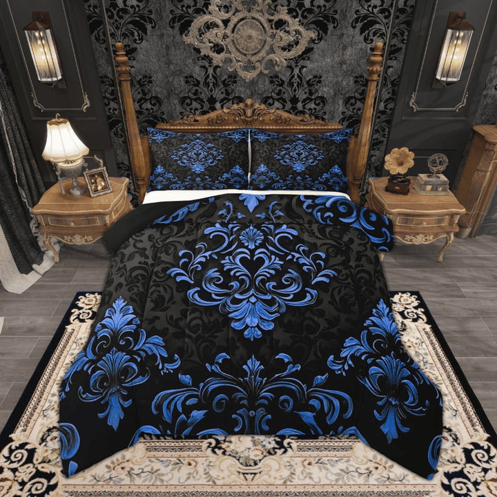 Manfei Blue Baroque Damask Bedding Full Comforter Set, Hippie Flower Floral Down Comforter, Vintage Victorian Bedding Sets Full with Comforter, Breathable Bedroom Decorative, 3 Pieces Reversible