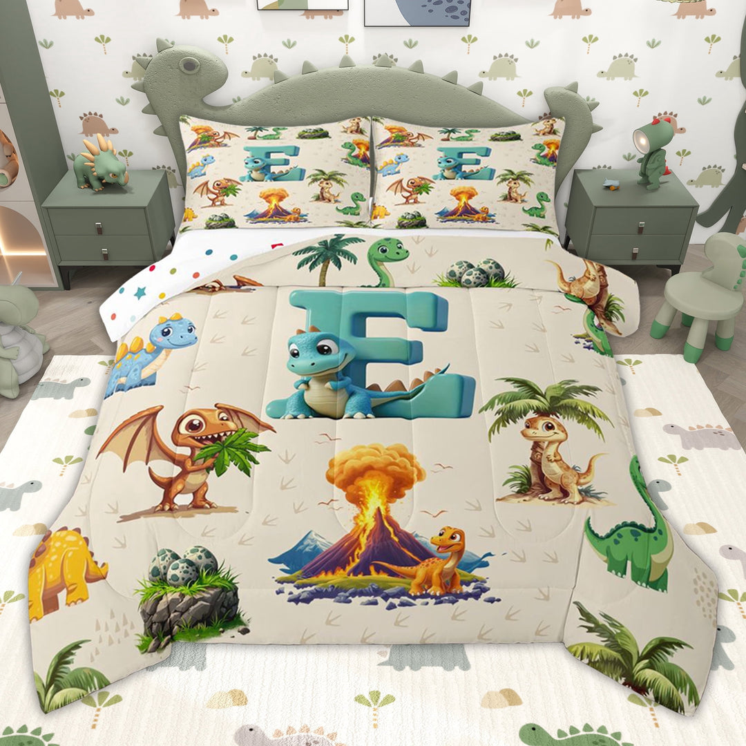 Erosebridal Blue Dinosaur Initial E Twin Comforter Sets for Kids Boys Girls, Jungle Dino Bedding Set, Polka Dots Reversible, 2pcs