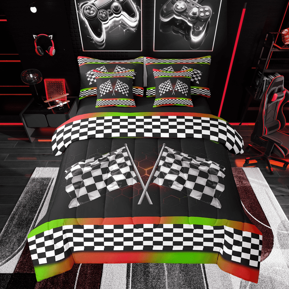 Erosebridal Checkered Flags Print Bed in a Bag Twin size, Geometry Honeycomb Bed Set, Sports Game Decor, Reversible