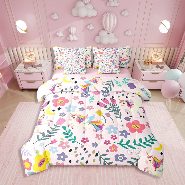 7-Pcs Floral Unicorn Bedding Set , Twin Size Comforter Set with Sheets and Pillowcase, 7-Pcs Soft Lightweight Bed in a Bag,Cartoon Unicorn Bed Set,Flower
