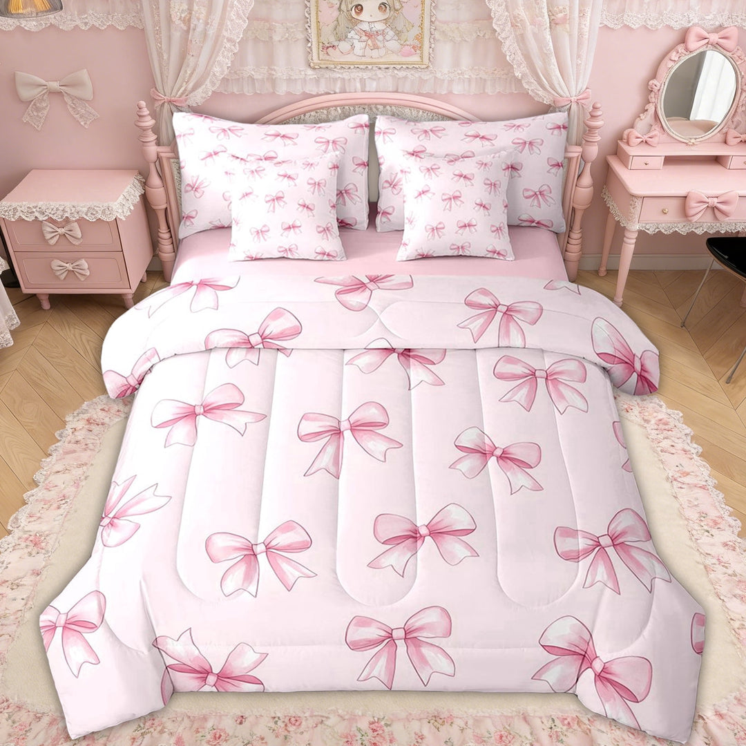 Erosebridal Pink Watercolor Bowknot Twin Bedding Sets for Girls, Kawaii Princess Bow Bedding Comforter Set, Pink Reversible, 7-Piece