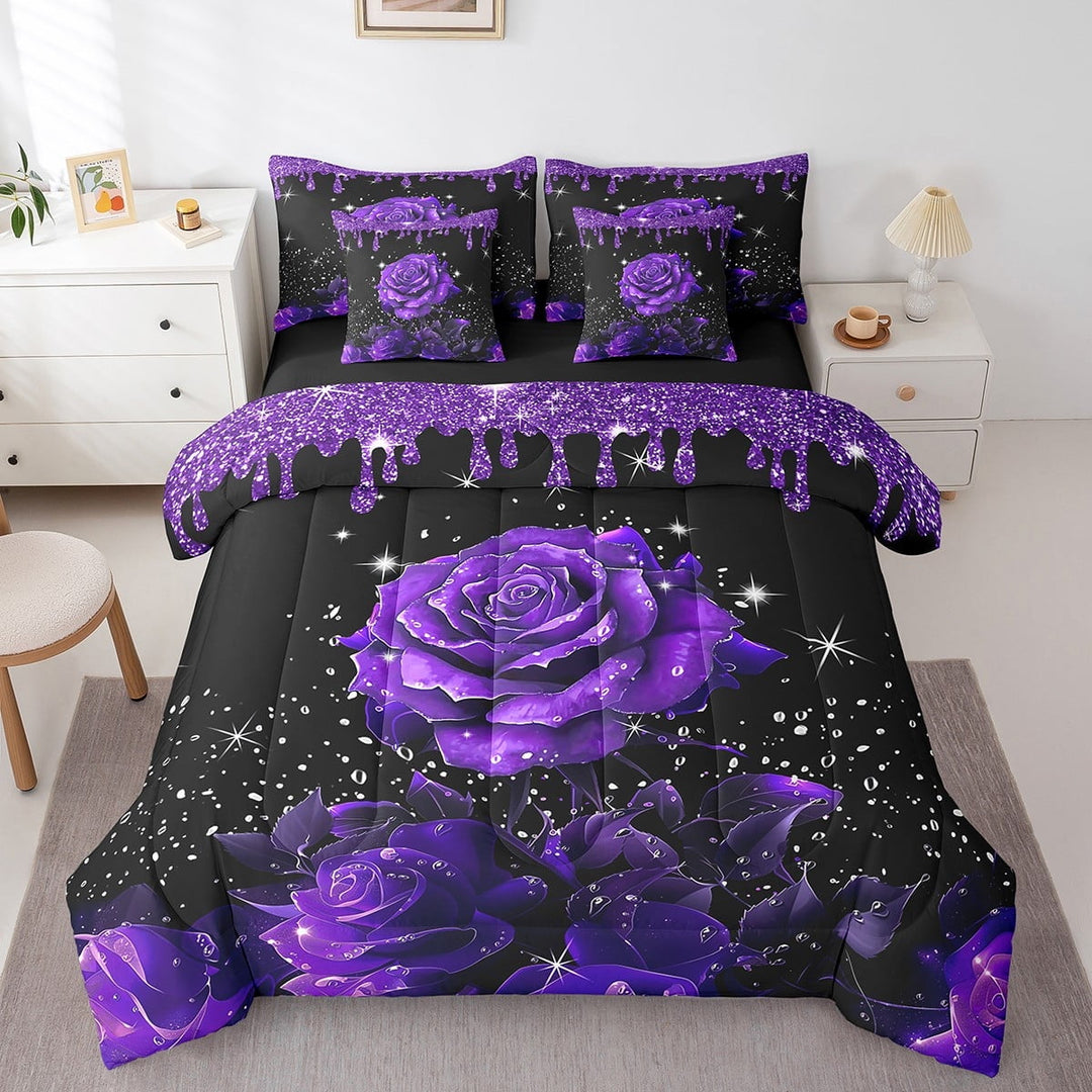 Purple Rose 7 Piece Comforter Set Full Bed in a Bag,Glitter Galaxy Bedding Set Sequins Fluid Art Sheet Set with Comforter Abstract Ombre Print Bed Set,Garden Flowers Boho Floral Bohemian Decor
