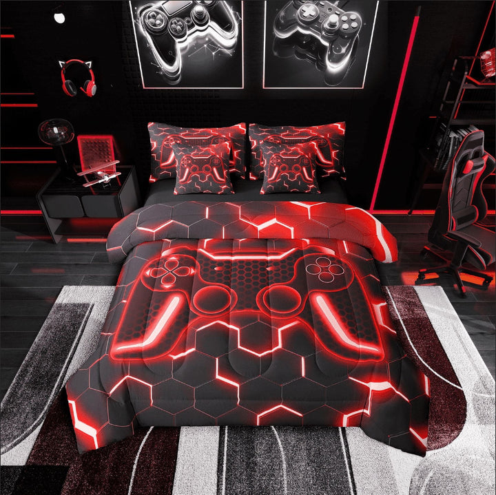 Erosebridal Teens Gamer Bedding Sets Twin Size,Geometric Honeycomb Comforter Sets with Sheets,Hexagon Room Decorative,Reversible,Breathable,7-Piece