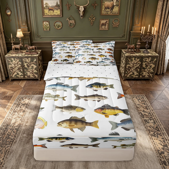 meiyoeat Watercolor Ocean Fish Zipper Comforter Set with Fitted Sheet and 2 Pillowcases for Kids Boys Girls, Tropical Coastal Wildlife Zipper Bedding Set, Reversible, 3 Pieces