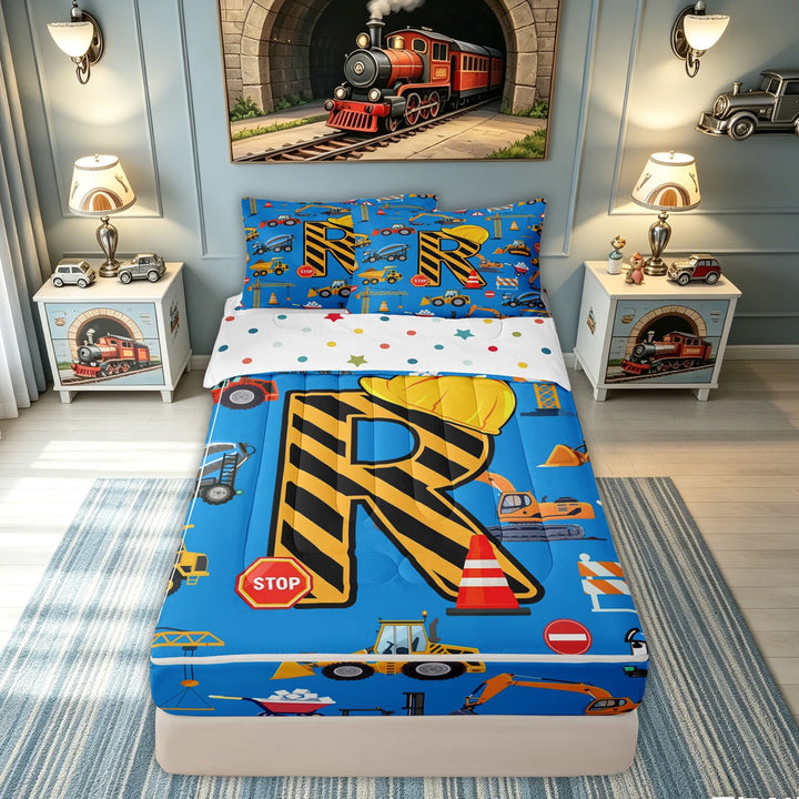meiyoeat Construction R Initial Hard Hat Zipper Comforter Set with Fitted Sheet and 2 Pillowcases, Cartoon Truck Zipper Bedding Set for Boys Girls, Blue, Polkadot Reversible, 3pcs