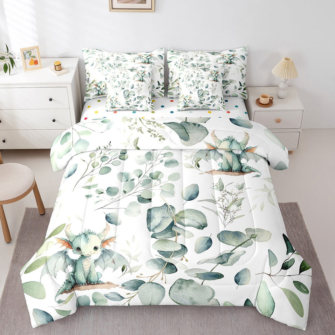 YST Boys Magic Animal Bed in a Bag 7-Piece Cute Dragon Bedding Set, Cartoon Wildlife Twin Comforter Set Green Leaf Bedding Comforter Sets, Spring Garden Plant Bed Set Child Kids Bedroom Decor