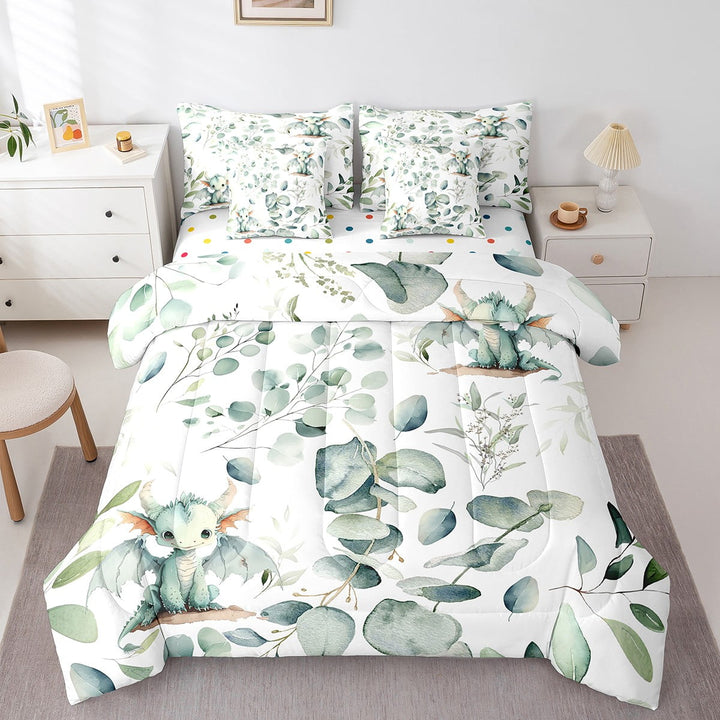 YST Boys Magic Animal Bed in a Bag 7-Piece Cute Dragon Bedding Set, Cartoon Wildlife Twin Comforter Set Green Leaf Bedding Comforter Sets, Spring Garden Plant Bed Set Child Kids Bedroom Decor