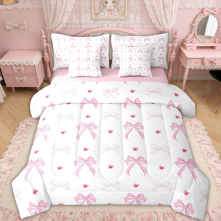 Erosebridal Pink Bowknot Bedding Comforter Set for Girls Kids, White Pink Flower Floral Full Bedding Set, Pink Reversible, 7 Pieces