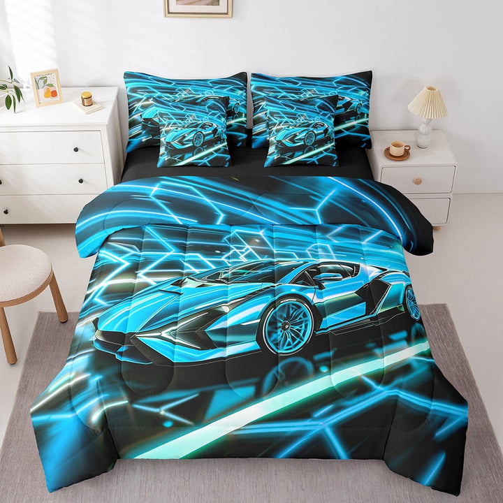 Erosebridal Racing Car Bedding Sets Twin Size,Sports Car Comforter Sets With Sheets,Neon Room Decorative,Reversible,Breathable,7Pcs