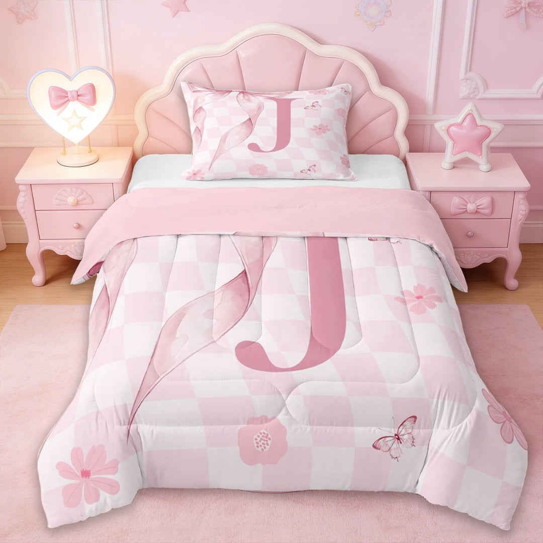 Erosebridal Dreamy Princess Bowknot Kids Twin Comforter Sets,Pink Monogrammed J Bedding Set For Girls,Reversible pink,2 Pieces