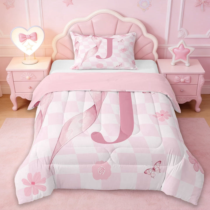 Erosebridal Dreamy Princess Bowknot Kids Twin Comforter Sets,Pink Monogrammed J Bedding Set For Girls,Reversible pink,2 Pieces